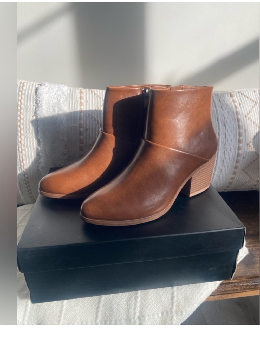 Michael Shannon Cognac Brown Vegan Leather Ankle Boots with Block Heel